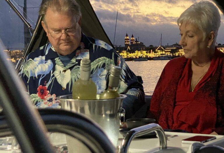 Date Night Couple Eating Wine Romantic Hawaiian Shirt Downtown St Augustine Sailing NOL Sunset Red Shirt