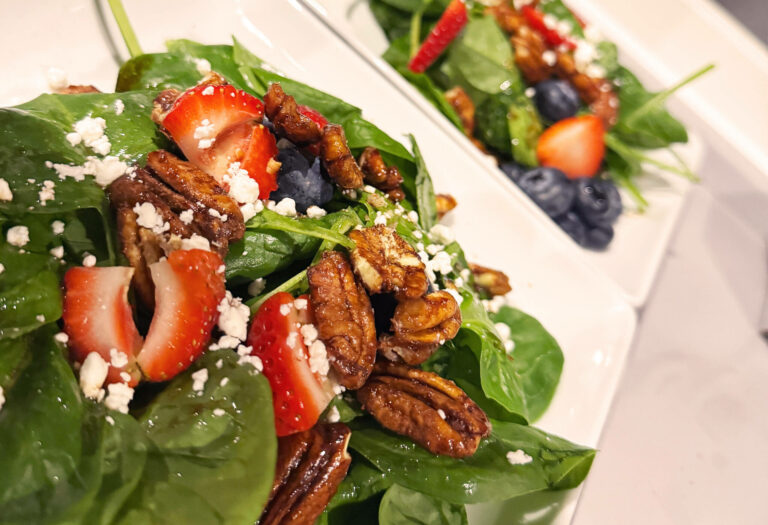 Sugared pecans strawberry blueberry spinach salad