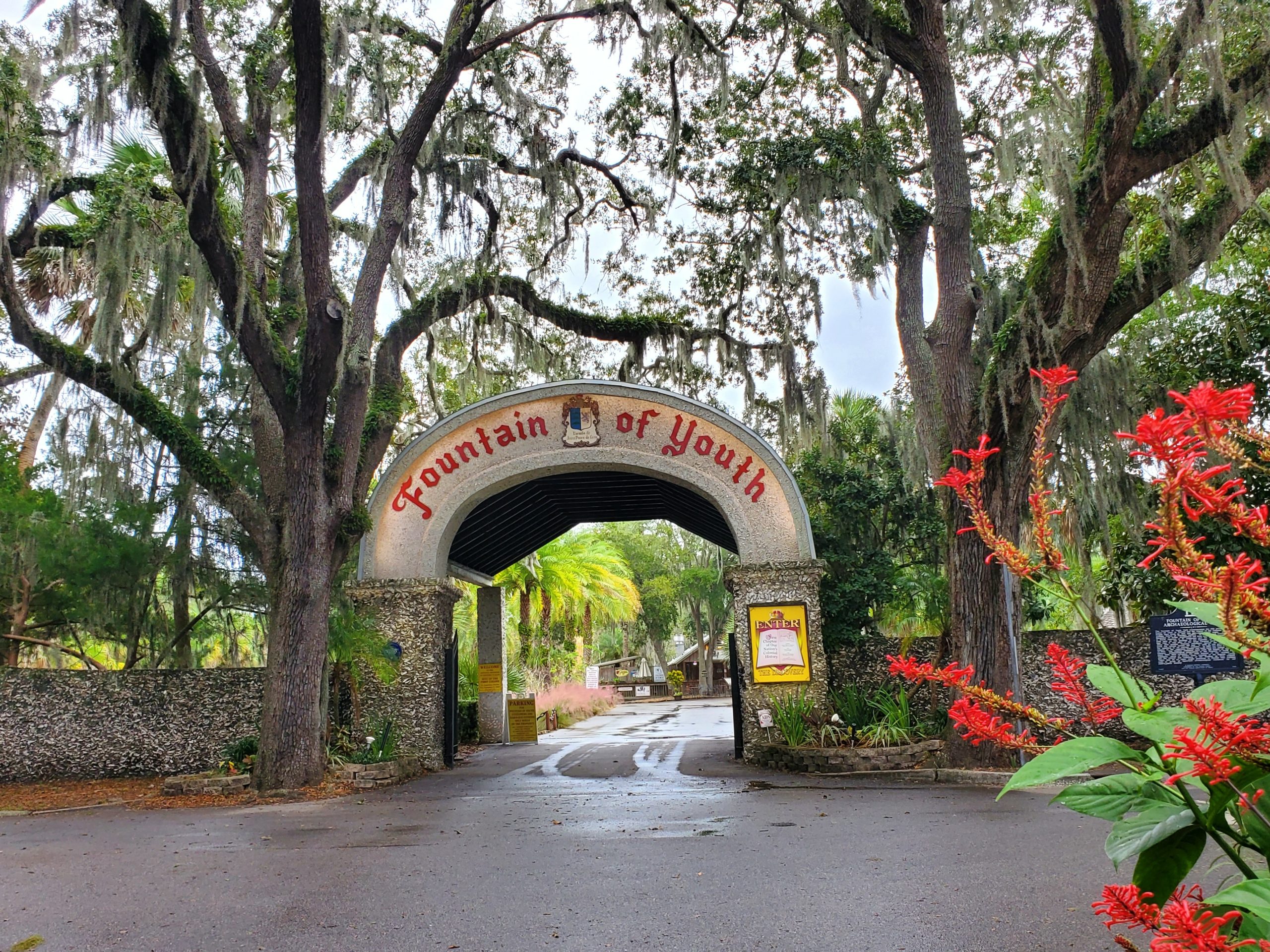 St Augustine, Florida, U.S.A - November 18, 2023 - The arch and front entrance into Ponce de Leon's Fountain of Youth